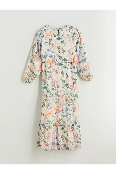 LC Waikiki Lcw Modest Ecru Crew Neck Patterned Women's Dress