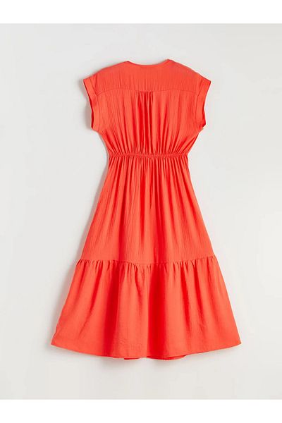 LC Waikiki Lcwaikiki Classic Orange V-Neck Textured Waist Dress