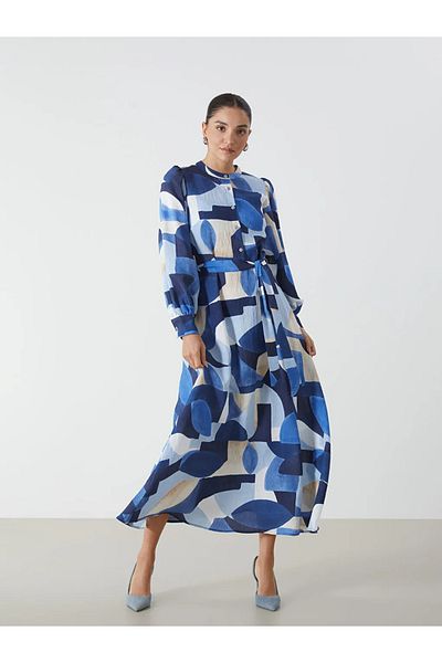 LC Waikiki Lcwaikiki Classic Blue Crew Neck Print Women's Dress