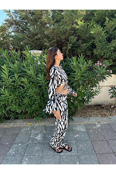 Cherry Lane Cherrylane Boho Black-And-White Print Spanish Sleeve Wide Leg Summer Suit