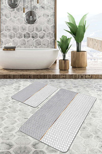 Realhomes مجموعة من قطعتين من سجادة الحمام ذات اللونين الرمادي والأبيض والنقشة الهندسية وقاعدة غير قابلة للانزلاق وقابلة للغسل
