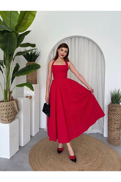 Afiş Butik Red Thick Strap Halter Neck Pleated Dress