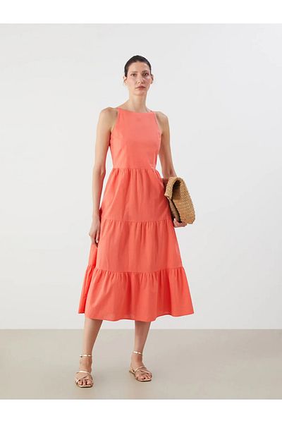 LC Waikiki Lcwaikiki Classic Orange Crew Neck Strap Fold Dress