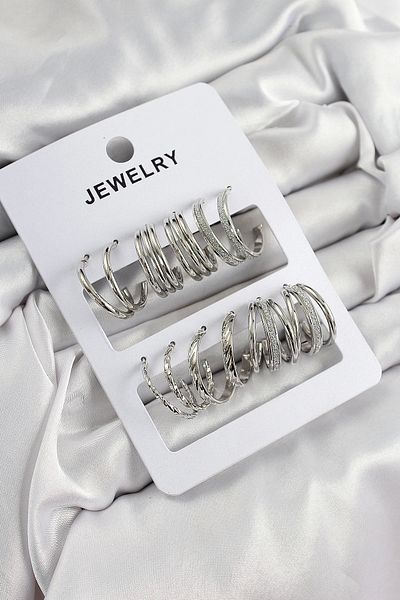 PRATİKOBA Bfs Brass Mixed Ring Model Silver Color 6 Pairs Women Earrings Set