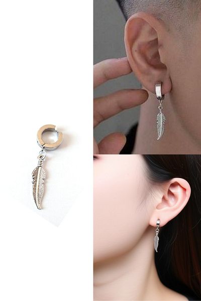 Lynare Compression Trend Feather Leaf Model Dangle Men's Steel Gray Earrings 1 Piece