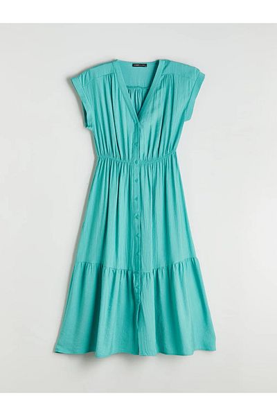 LC Waikiki Lcwaikiki Classic Khaki V-Neck Textured Waist Sitting Dress