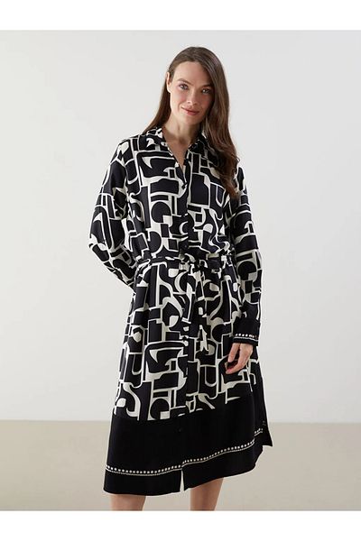 LC Waikiki Lcw Grace Black Belted Patterned Shirt Dress