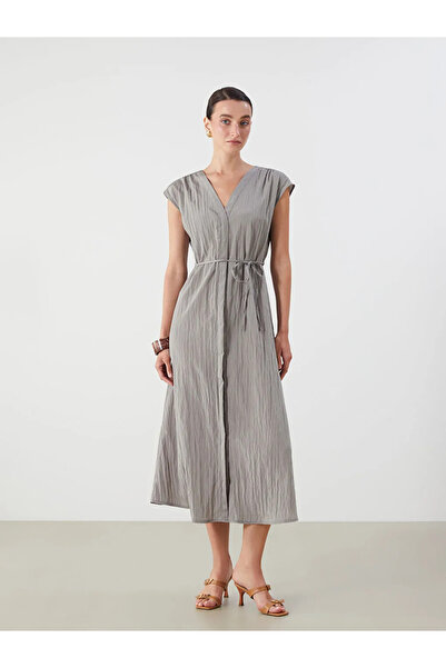 LC Waikiki Lcwaikiki Classic Beige V-Neck Textured Dress