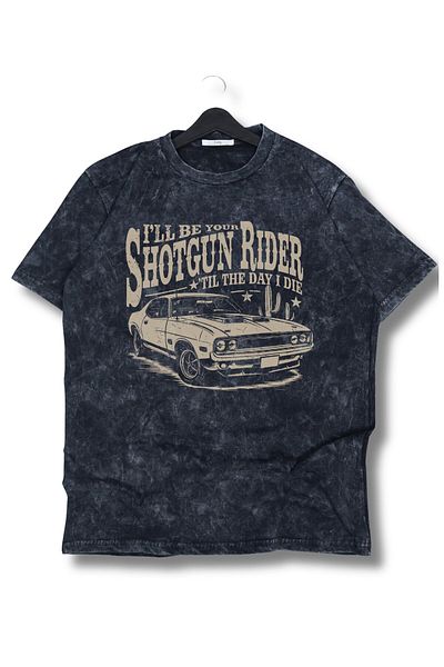 Fuddy Moda Unisex Shotgun Rider εμπριμέ πλενόμενο μπλουζάκι, ρετρό μπλουζάκι με θέμα το κλασικό αυτοκίνητο