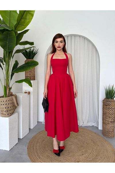 Afiş Butik Red Thick Strap Halter Neck Pleated Dress