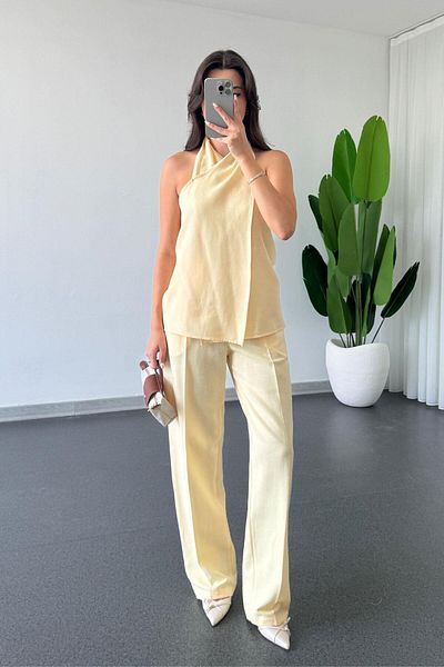 ECEMİ Chess Yellow Double Breasted Blouse Pants Suit