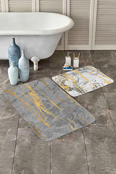 Realhomes مجموعة من 2 سجادة حمام قابلة للغسل بنمط رخامي أصفر رمادي وقاعدة مضا...