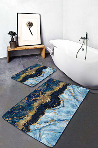 Realhomes مجموعة من قطعتين من سجادة الحمام القابلة للغسل بنمط رخامي أسود أزرق...