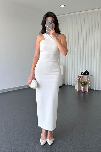 ECEMİ Alira Ecru Cross Collar Midi Dress