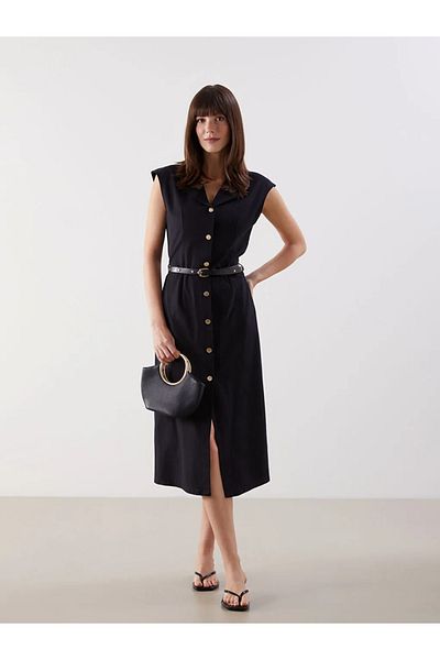 LC Waikiki Lcw Comfort Black Belted Shirt Dress
