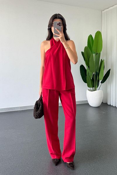 ECEMİ Chess Red Double Breasted Blouse Pants Suit