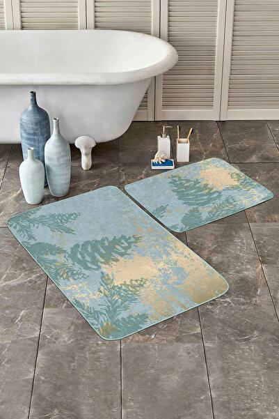 Realhomes Set of 2 Non-Slip Base Washable Bathroom Mats with Green Pine and Yellow Detail on Blue Background