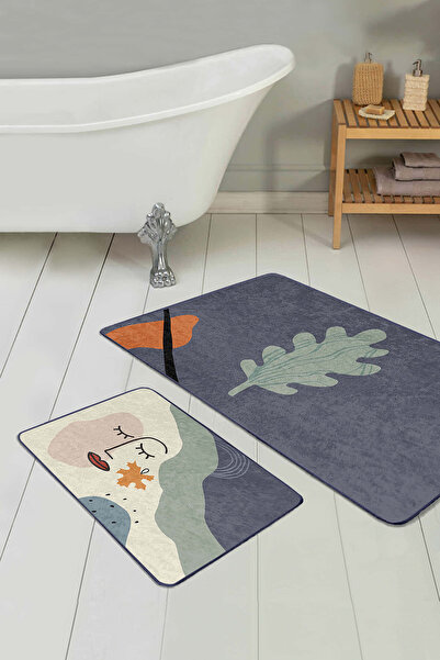 Realhomes Dark Navy Blue Gray Leaf and Abstract Face Patterned Set of 2 Non-Slip Base Washable Bath Mat