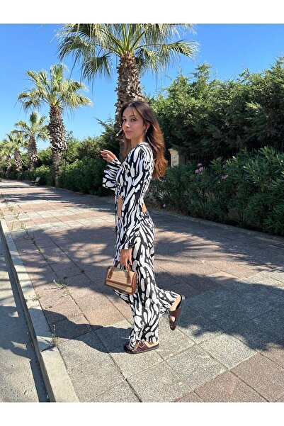 Cherry Lane Cherrylane Boho Black-And-White Print Spanish Sleeve Wide Leg Summer Suit