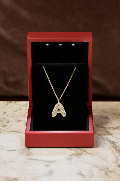 KAR DİAMOND 925 Ayar Gümüş Altın Kaplama Zirkon Taşlı A Harfi Kolye - Sertifi...