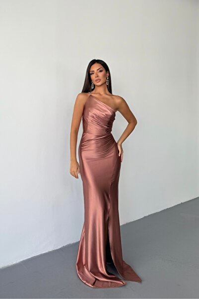 İyem Abiye Örme Saten Parlak Tek Omuz Düz Abiye Elbise Dar Kalıp