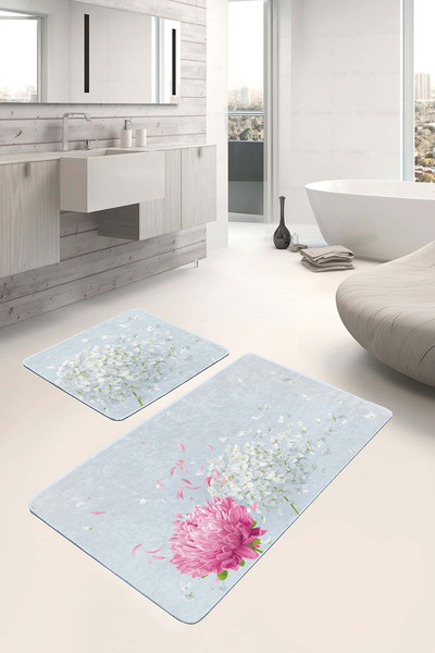 Realhomes مجموعة منشفة حمام قابلة للغسل بنمط زهرة بيضاء وردية وغصن رفيع باللون الأزرق الفاتح مكونة من قطعتين