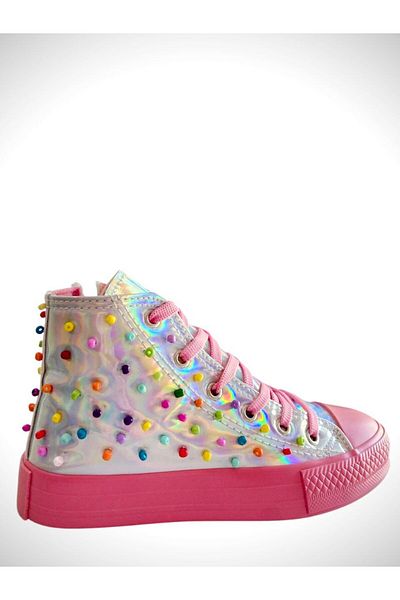 archiepet Hologram Pink Lace-Up Colorful Bead Detailed Zippered Girls' Sneakers