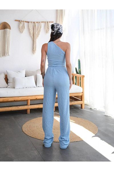 vesantia Women's One Shoulder Seersucker Blouse Pants Set