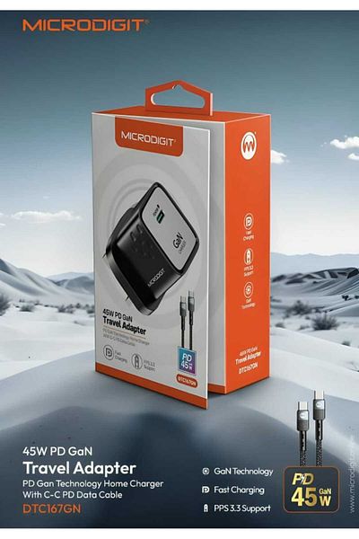Microdigit 45W GAN Fast Charging Wall Charger with Nylon Braided Type-C Cable Compatible with Type-C Devices Black