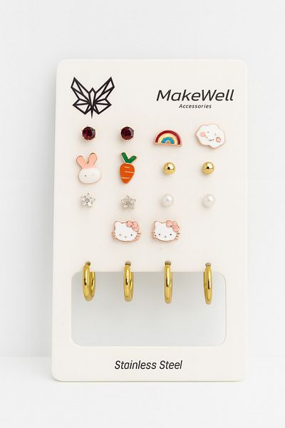 MakeWell 925S Sterling Silver Needle Rainbow Cloud Hello Kity Rabbit and Carrot Hoop and Pearl 9-Piece Children's Earrings Set
