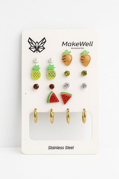 MakeWell Set of 9 Children's Earrings with Steel Needle Watermelon Carrot and Pineapple Design Zircon Hoop and Pearl Earrings