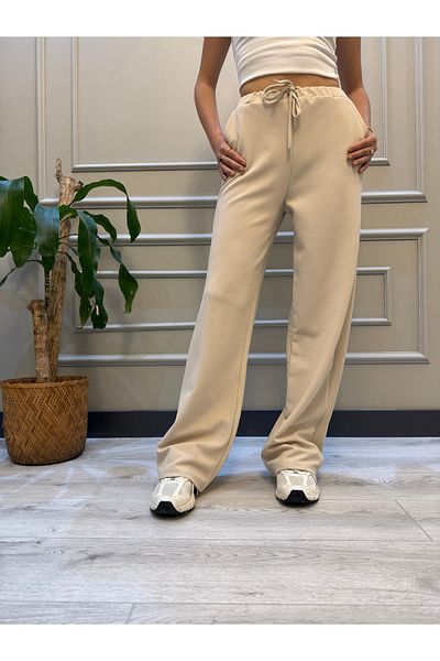 geenz manifacture Παντελόνι Palazzo από μπεζ Lycra Crepe Fabric με ελαστική μέση