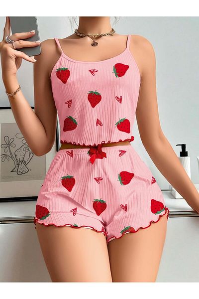 civetta Cotton Pink Strawberry Patterned Ribbed Strap Shorts Pajama Set