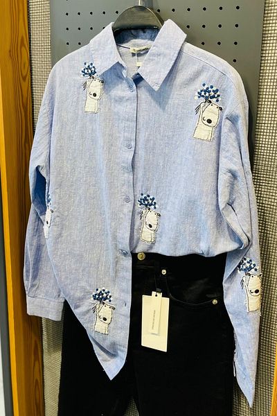 FEMELLE Cămașă oversize pentru femei, albastru bleumarin, broderie, 75% bumbac, 25% in (cumpărați o mărime mică)