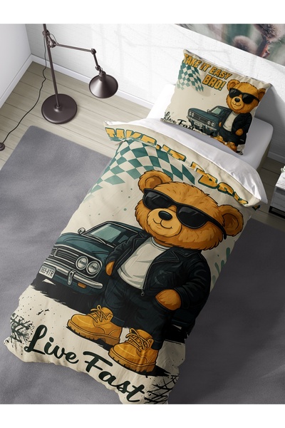 FAVOLLİ Cute Racer Bear Single High Quality Duvet Cover Set