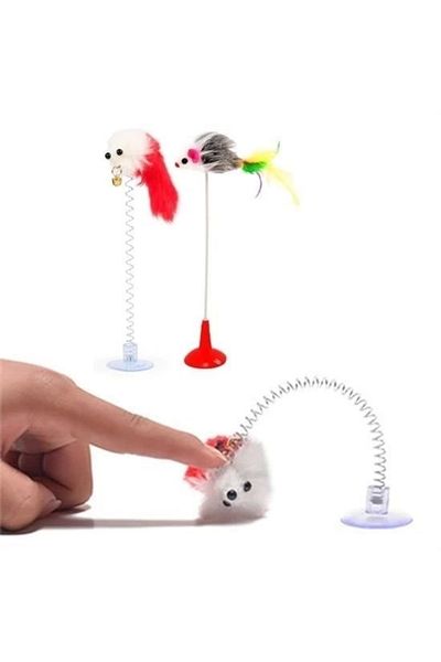 PRATİKOBA Bfs 2-Piece Plush Cat Toy with Suction Cup, Mouse, Feather, Moving Bell and Stretching Fun