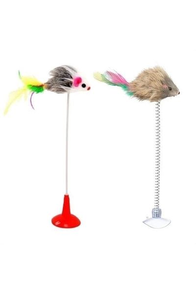 PRATİKOBA Bfs 2-Piece Plush Cat Toy with Suction Cup, Mouse, Feather, Moving Bell and Stretching Fun