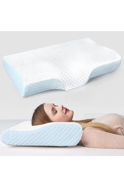 COOYA Sleep Pillow Ergonomic Cervical Orthopedic Sleep Pillow Soothe Back and Neck Pain (Blue and White)