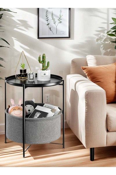 COOYA Round Side Table Coffee Table Teapoy with Fabric Storage Basket,Metal Small Bedside Table Nightstand