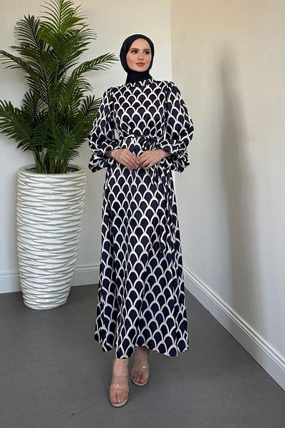 MERVEN AKYÜZ Linya Herringbone Dress Navy Blue