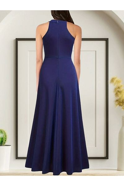 nedo7 Women's Halter Neckline Deep Slit Detailed Full Length Janjan Crepe Evening Dress