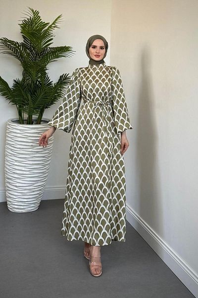 MERVEN AKYÜZ Linya Herringbone Dress Oil Green