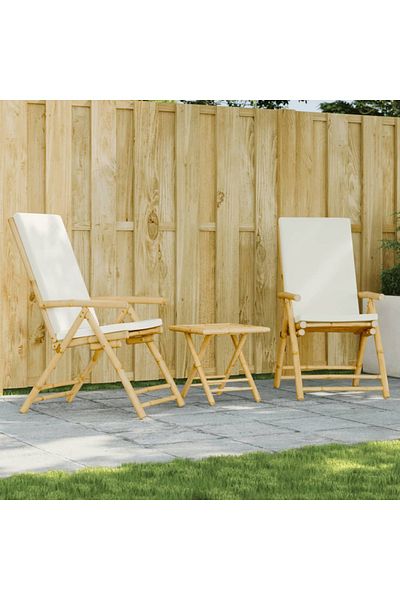 vidaxl 3 Piece Folding Bistro set with Cream White Cushions Bamboo