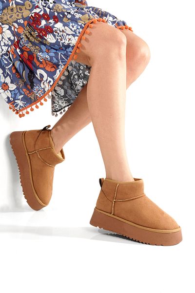 PAYZİN ''Lal'' Tan Suede Thick Soled Fur Women's Boots New Season