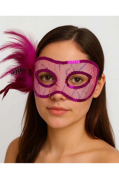 PRATİKOBA Bfs Fuchsia Color Side Feathered Sequin Embroidered Party Mask 23X12 cm