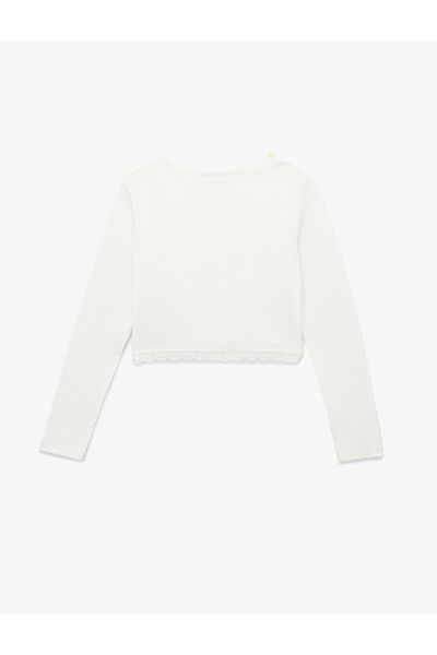 Koton Slim Fit Long Sleeve V Neck Crop T-Shirt with Lace Detail