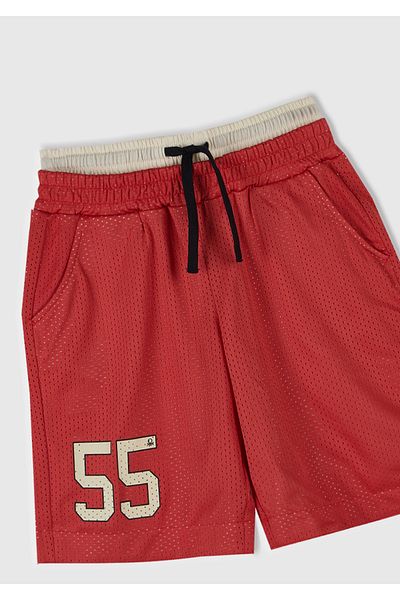 United Colors of Benetton Boy's Red Mesh Fabric Double Waistband Oversized Basketball Shorts