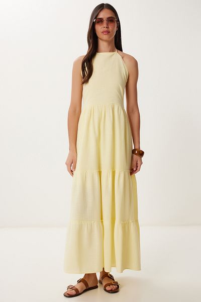 Lovelyİstanbul Halter Neckline Flounced Summer Linen Dress