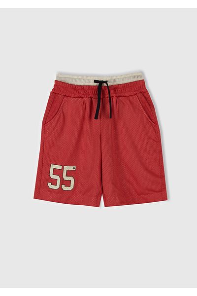 United Colors of Benetton Boy's Red Mesh Fabric Double Waistband Oversized Basketball Shorts