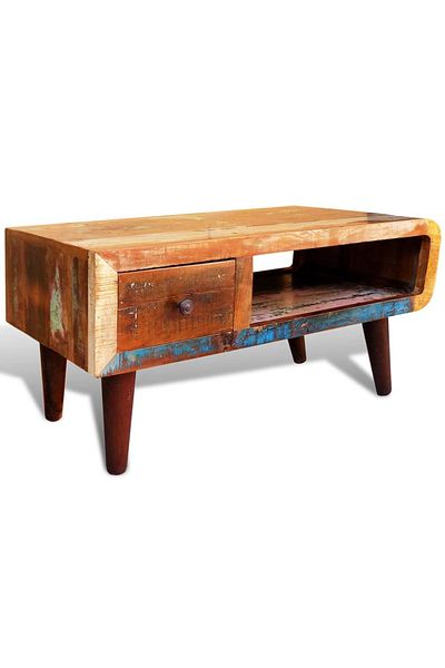 vidaxl Coffee Table with Curved Edge 1 Drawer Reclaimed Wood
